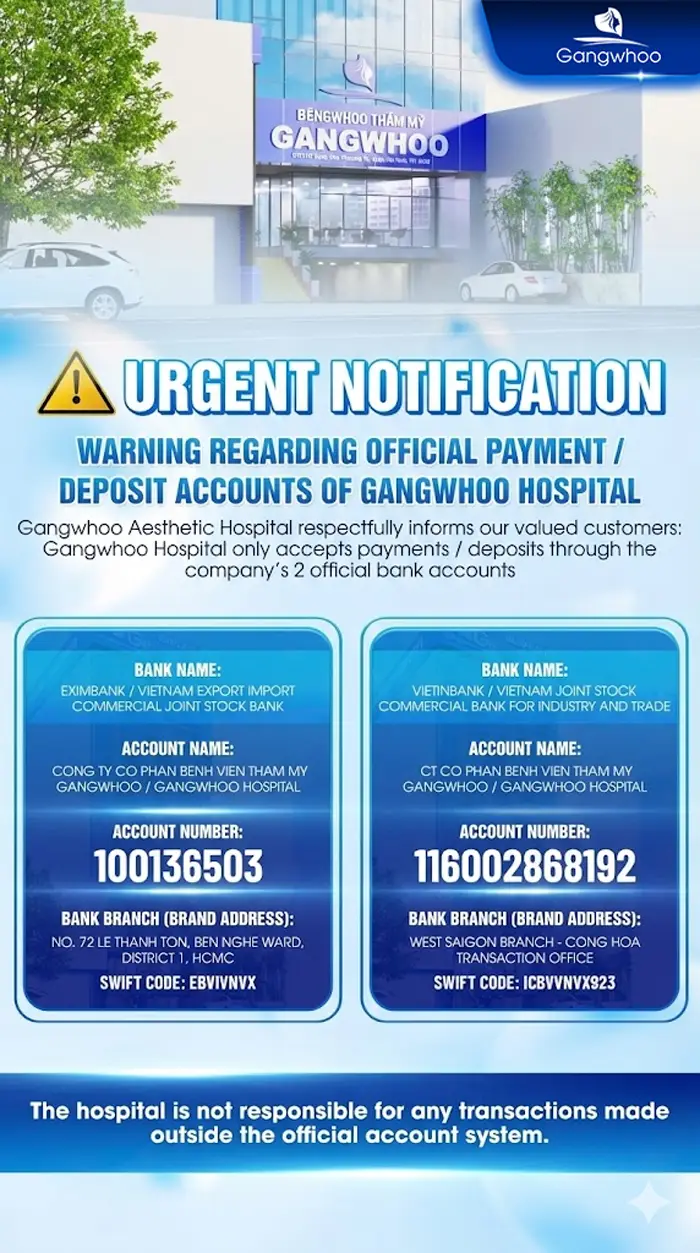 URGENT WARNING: GANGWHOO COSMETIC HOSPITAL PAYMENT ACCOUNT HAS BEEN IMPERSONATED
